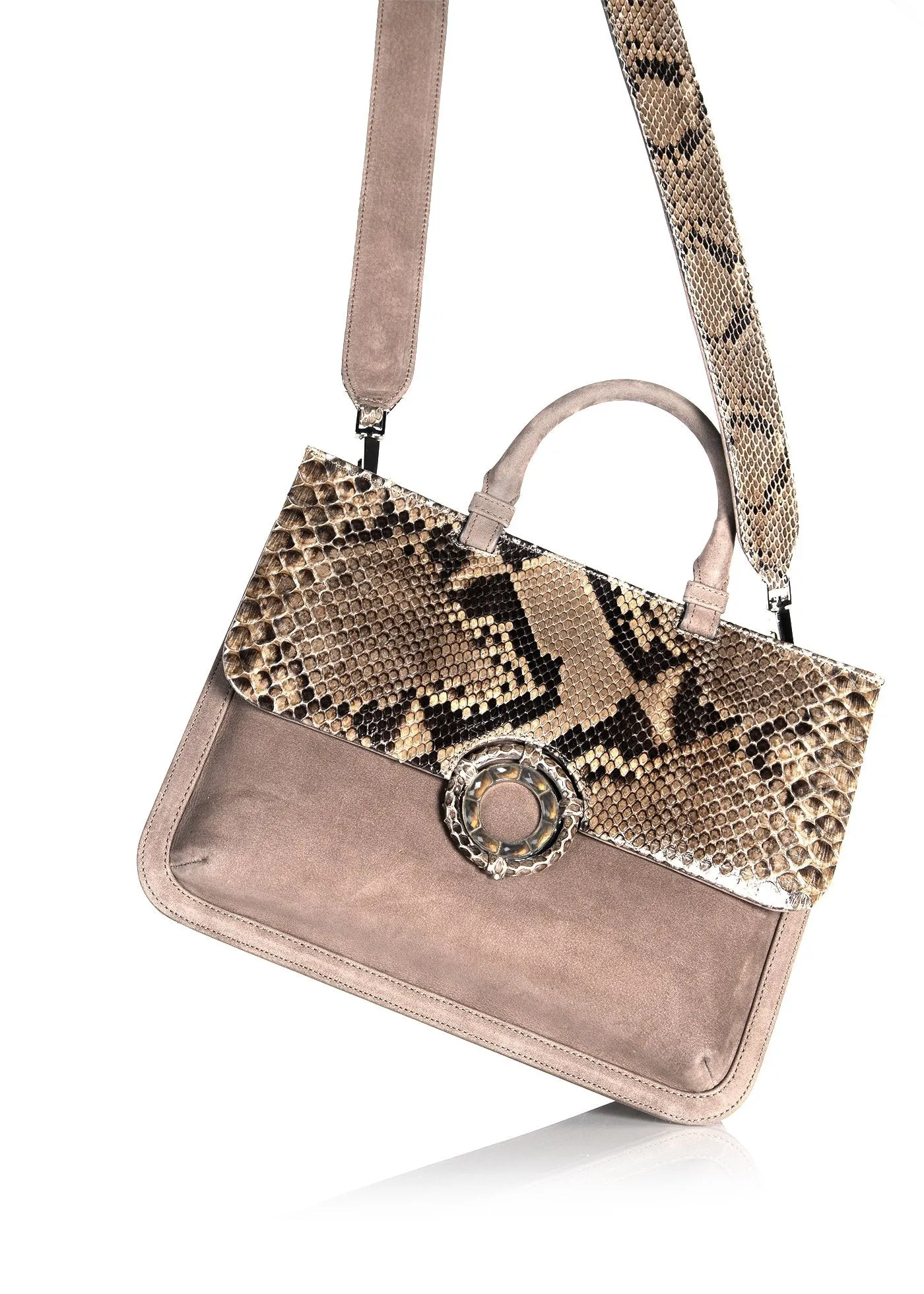 Sydney Convertible Satchel - Light Brown Suede & Python, Topaz Grommet