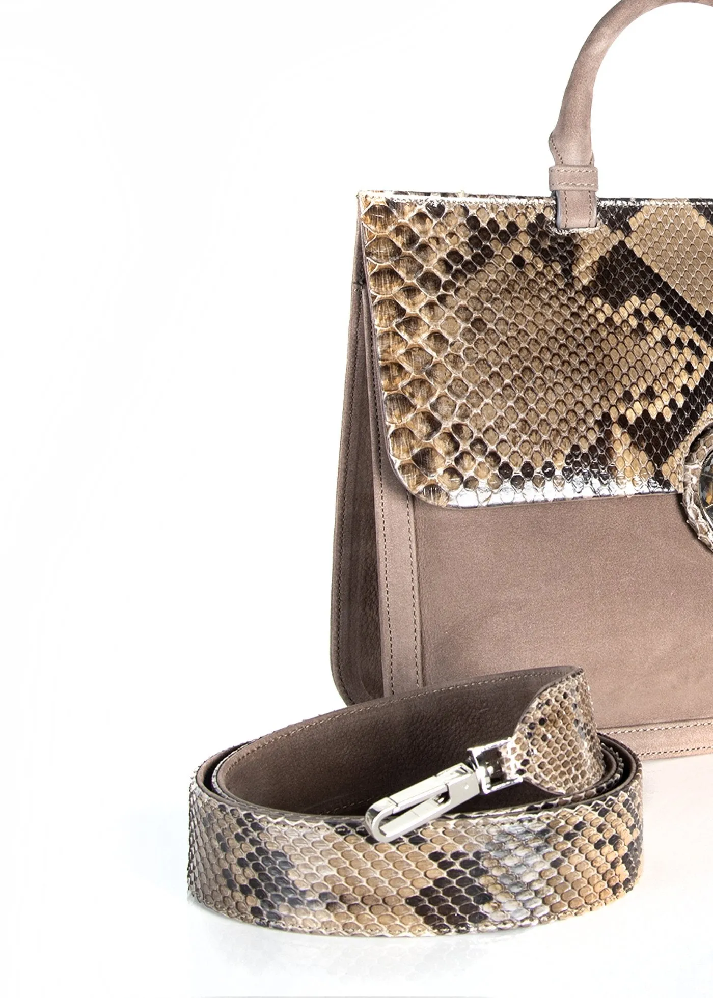Sydney Convertible Satchel - Light Brown Suede & Python, Topaz Grommet