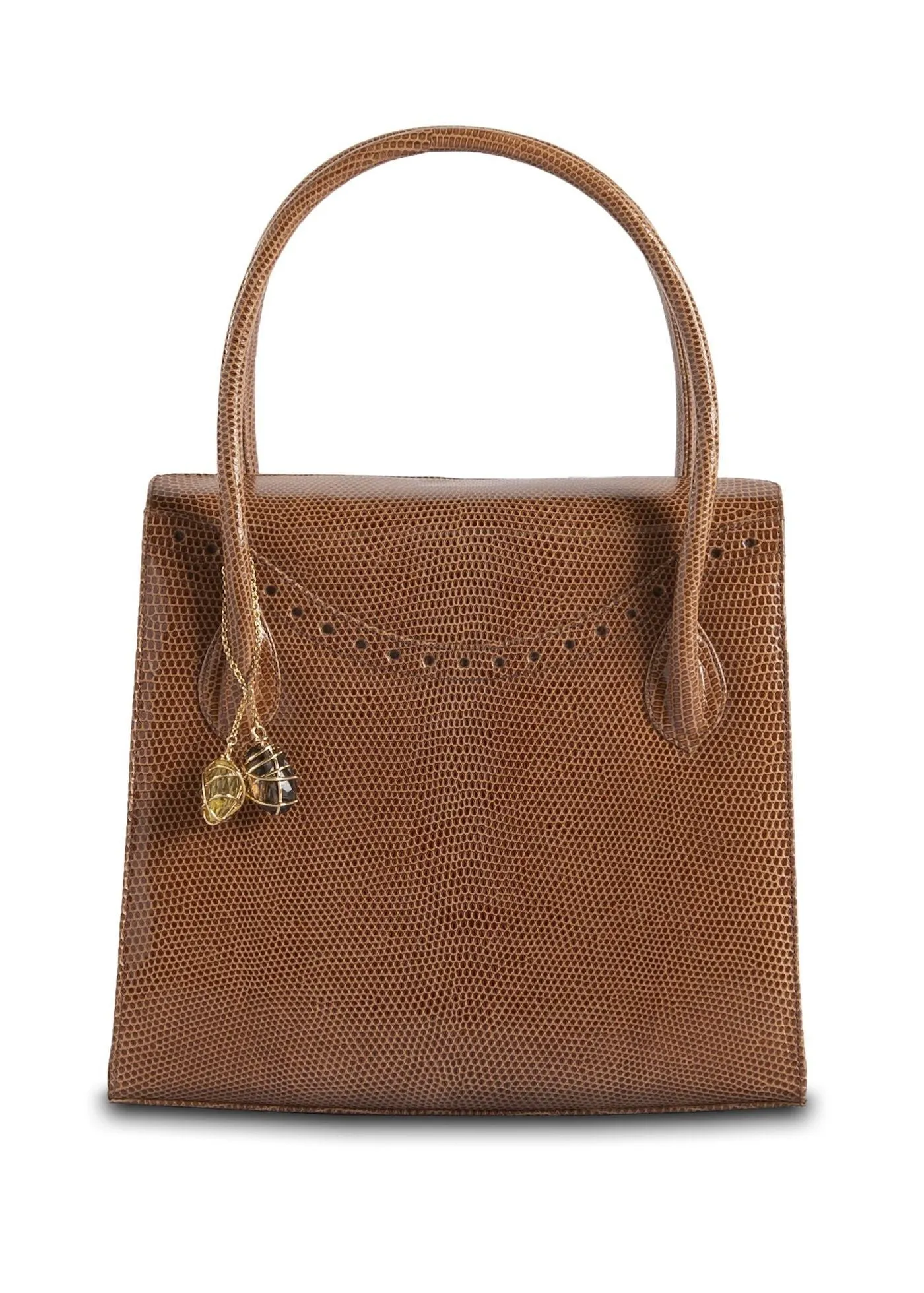 Thompson Tote - Cognac Exotic Lizard, Gemstone Fob, Gold