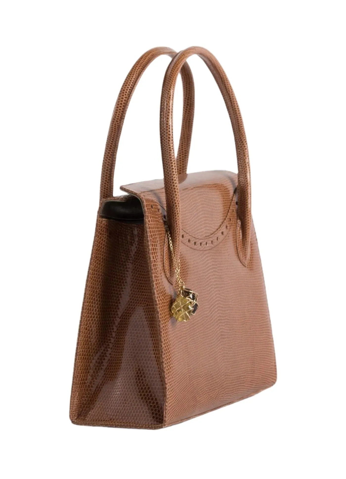 Thompson Tote - Cognac Exotic Lizard, Gemstone Fob, Gold