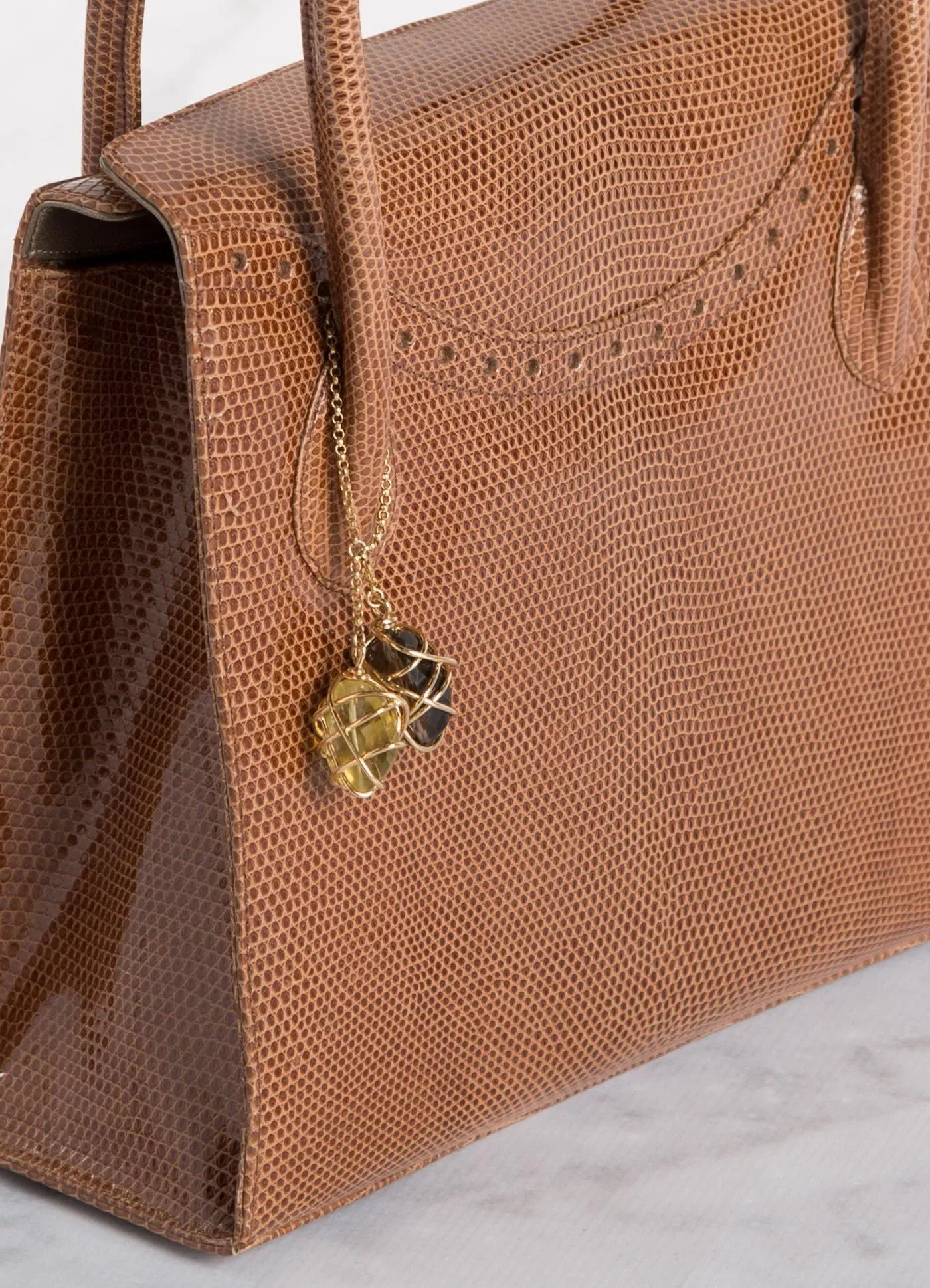 Thompson Tote - Cognac Exotic Lizard, Gemstone Fob, Gold
