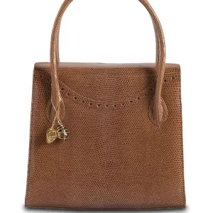 Thompson Tote - Cognac Exotic Lizard, Gemstone Fob, Gold