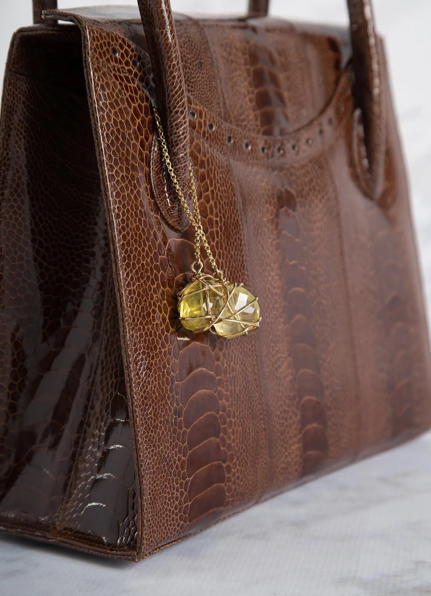 Thompson Tote - Cognac Ostrich Leg, Gemstone Accents, Gold